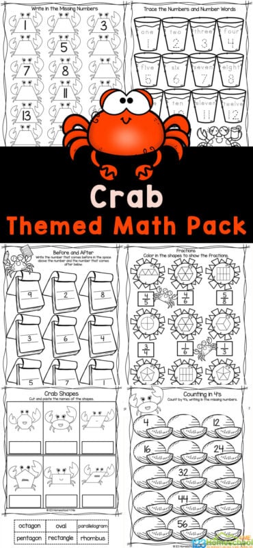 free summer crab math worksheets for preschool and kindergarten