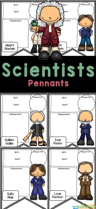 These Scientist Pennants are perfect for helping your children learn about famous scientists for kids. Simply print, research, and write down the important facts about these scientist names and their inventions. This free scientists for kids printable is perfect to use with kindergarten, first grade, 2nd grade, 3rd grade, 4th grade, 5th grade, and 6th graders.  The famous scientists and their inventions included in this set are Albert Einstein, Alexander Fleming, Charles Darwin, Dian Fossey, Galileo Galilei, Isaac Newton, Ivan Pavlov, Louis Pasteur, Nikola Tesla, Robert Oppenheimer, Stephen Hawking,  and  Sally Ride.