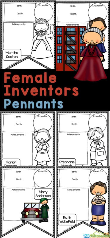 These Female Inventors Pennants are perfect for helping your children, learning about US history, study about famous inventors for kids. This set allows students to learn about female inventors and their inventions. This free printable set of women in science posters give space for first grade, 2nd grade, 3rd grade, 4th grade, 5th grade, and 6th graders to record what they learn and hang them on the wall. Simply print and learn with this resource perfect for women month! 