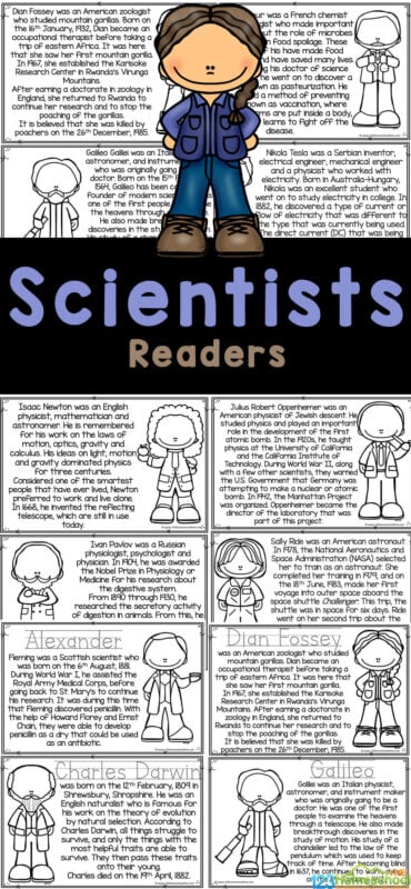 Learn about famous scientists for kids with these free printable readers! Included in this set are the scientist names and their inventions to help children learn about Albert Einstein, Alexander Fleming, Charles Darwin, Dian Fossey, Galileo Galilei, Isaac Newton, Ivan Pavlov, Louis Pasteur, Nikola Tesla, Robert Oppenheimer, Stephen Hawking,  and  Sally Ride. Simply print Use this free printable famous scientists and their inventions pdf to read, color, and learn with preschool, pre k, kindergarten, first grade, 2nd grade, 3rd grade, 4th grade, and 5th grade students.