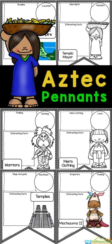 These Aztec Pennants are perfect for helping first grade, 2nd grade, 3rd grade, 4th grade, and 5th grade students learn all about the life and culture of the Aztecs who occupied Mexico from 1300-1521. These Aztec worksheets are filled with space for students to record information about the aztecs for kids.