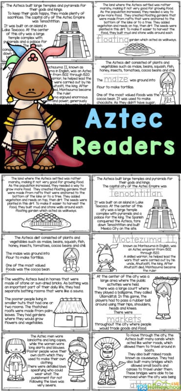 These Aztec worksheets are filled with information about the aztec culture for kids. Simply print the free printable on Aztecs for kids to read and learn as children colour the Aztec coloring pages. These Aztec worksheets are a great way to work on reading skills while learning about the people who lived in Mexico in the 14th and 15th centuries and how they survived in a marshy area. Use this free printable as part of a history or geography study for preschool, pre-k, kindergarten, first grade, 2nd grade, 3rd grade, 4th grade, and 5th grade students.