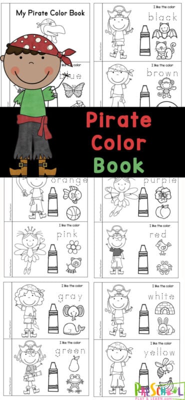 This free pirate printables can be combiled into a mini book to teach colours name for kids. Each page focuses on a different color to helping learning colors for kids in preschool, pre-k, kindergarten, and first grade learn all about eleven different colors while practicing their handwriting skills and working on their fine motor skills. Simply print the Learning colors printables and you are ready to play and learn with this no-prep activity.