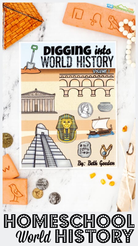 Digging into World History Volume 1 is a homeschool history curriculum that allows you teach all your kids homeschool history together! This world history homeschool curriculum includes a year's worth of lessons and over 4000 years of history about ancient civilizations from creation to the fall of the Western Roman Empire. Our world history lesson plans are perfect for elementary age students, Junior High, and High School to learn together as we have options to scale based on age using worksheets, mapping pages, weekly quizes, tests, and dig deeper ideas like videos, projects, &  activities!