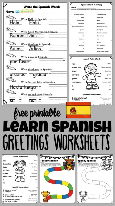 If you are wanting to learn another language, one of the first places is to start is with polite greeings. These Spanish greeting worksheets are a great way to start learning Spanish! Simply print the free printable spanish worksheets filled with common greetings, questions, and polite words. These beginner spanish greetings worksheet pages are perfect for kindergarten, first grade, 2nd grade, 3rd grade, 4th grade, and elementary age students!