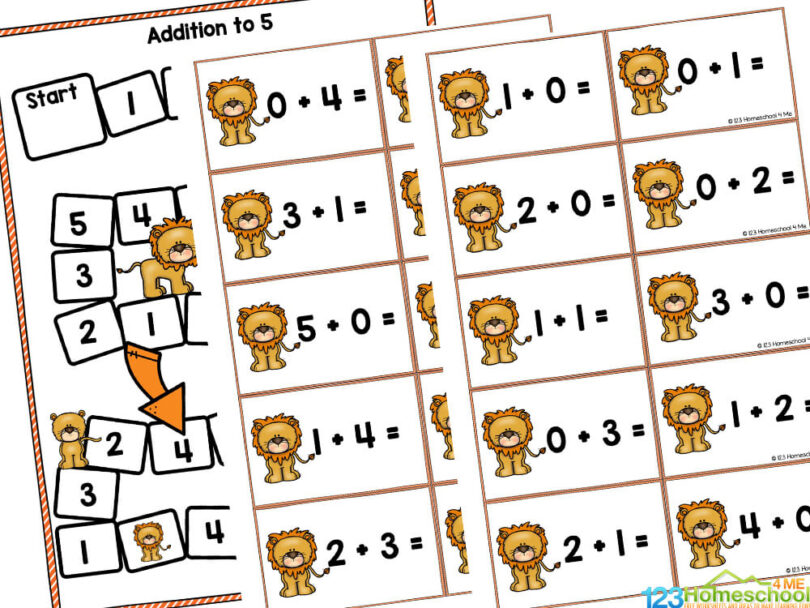 🦁 FREE Printable Lion Addition to 5 Math Games