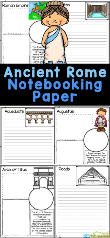 If you are learning about the Ancient Roman Empire, you will love adding these free Rome Notebooking Papers to your study. These handy Roman Worksheets have helpful boxes and cute clipart to guide students to record the facts they learn when studying the Ancient Roman culture. Use these free printable Roman worksheets with kindergarten and elementary age students in first grade, 2nd grade, 3rd grade, 4th grade, 5th grade, and 6th graders to learn all about the history of the world through studying different cultures and their way of life.