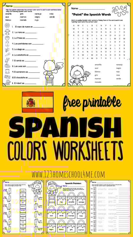 Super cute, FREE printable Spanish worksheets help learn the names to spanish colors while coloring, tracing, fill in the blank, word search.