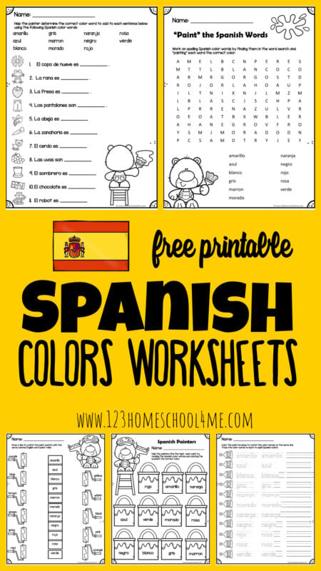 Super cute, FREE printable Spanish worksheets help learn the names to spanish colors while coloring, tracing, fill in the blank, word search.