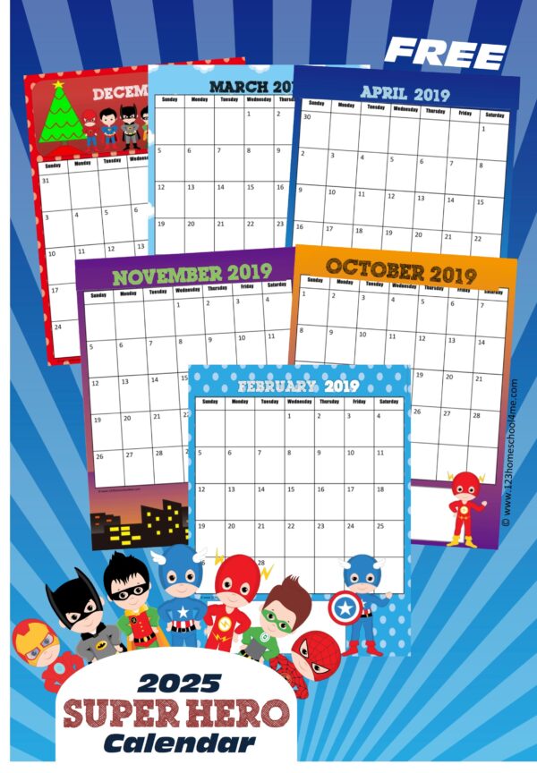 FREE Printable Superhero Calendar 2025-2026