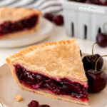 If you make your pie in the summer you can use fresh cherries, but I never seem to time mine right. Perhaps it is because I am usually making my pie when Grandpa comes to visit; cherry pie is his favorite! So I typically make cherry pie with frozen cherries.