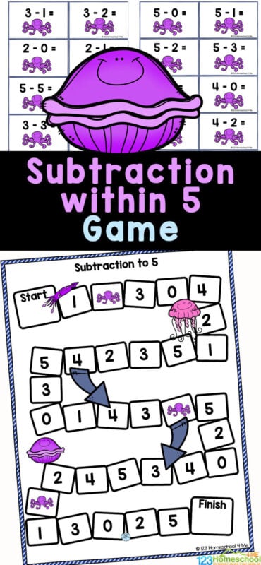 Dive into some fun math practice for preschool, pre-k, and kindergarten age kids with this Under the Sea Subtraction games! Solve the subtraction within 5 to advance around the the gameboard to play and learn. Simply print free subtraction game and you are ready to review with minimal prep!