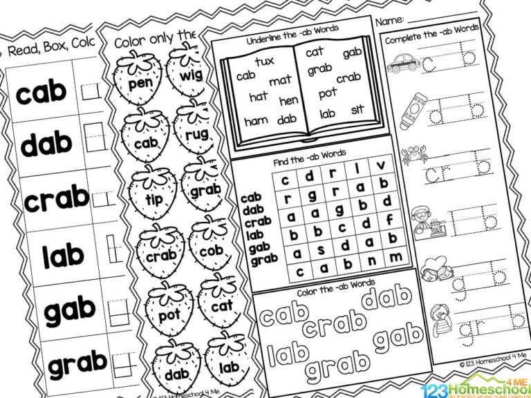 FREE Printable -ab Word Family Worksheets