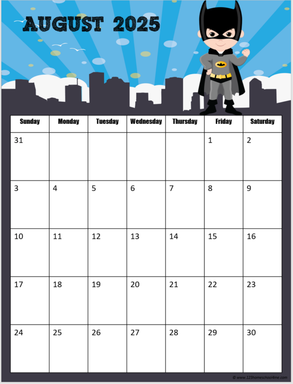 FREE Printable Superhero Calendar 2026
