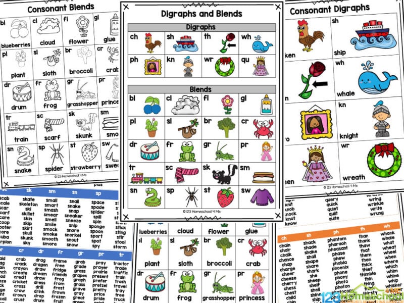 Whether you are a parent, teacher, or homeschooler – you will love these no-prep digraphs and blends charts for helping children work on their literacy skills. Help children practice and memorize these important words. These are handy for learning blends and digraphs! We've included charts with common blends and digraphs with picture clues and list of digraphs and blends too. Use these attractive ready-to-print blends and digraphs chart resources with kindergartners,  grade 1, and grade 2 students. Use these in literacy centers, as extra practice, as you school at home, summer learning or as part of a reading curriculum. They can also be printed and display in your classroom or homeschool for easy reference.