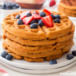 Nothing says Christmas like the smell of gingerbread! But who needs more cookies in December? Instead we make these pretty healthy gingerbread waffles with healthy pumpkin, molasses, and just a little brown sugar and butter. My kids go nuts over this gingerbread waffle recipe that we make into gingerbread looking waffles they can decorate with candy or fruit for a fun christmas activity too! You will love this yummy Christmas breakfast recipes!