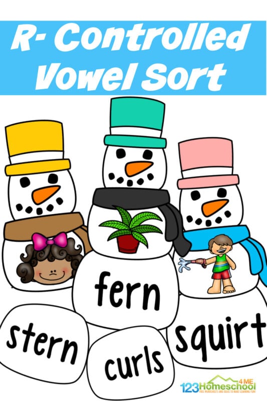 Looking for a fun way to work on r-controlled vowel syllables? This r-conrolled syllable activity is a great way to get practice with ar, or, and er (which can be spelled er, ir, or ur) sounds. Use this winter theme r-controlled vowel activities as a fun snowman activity with first graders during January! Simply print r controleld vowel sort to play and learn with with free snoman printable phonics activity!