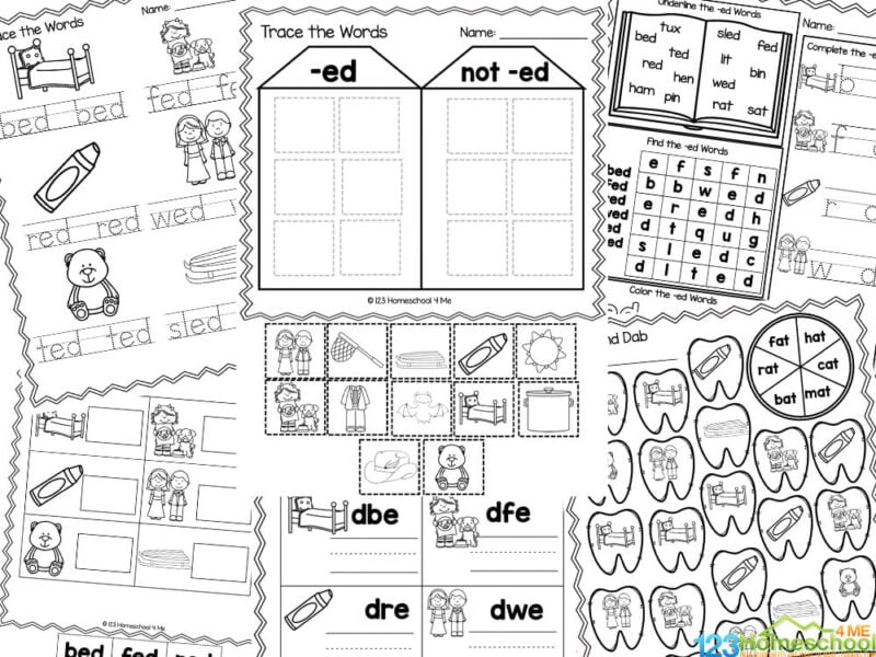 These free -ed word family worksheets are a great way for children to practice and improve children's reading, vocabulary and writing skills. They will also be working on their letter and word recognition which is an important part of learning to read. Use these free printable worksheets with kindergarten and elementary age students in preschoolers, kindergartners, and grade 1 students to learn and review cvc words.