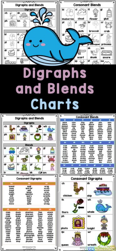 If you are working on blends and digraphs it can be helpful to have a list of digraphs and blends to keep things clear for kids. This free printable blends and digraphs chart gives kids a handy visual with pictures of which is which. Use this consonant blends and digraphs activity to help kindergarten, first grade, and 2nd graders to easily learn and remember.