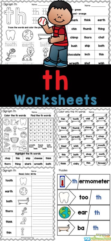 These free th- digraph worksheets are a great way for children to learn to recognize and spell digraphs. These the words worksheets are perfect for kindergarten and first grade students to practice. Simply print the th worksheets and you are ready for a no-prep review at home or school.