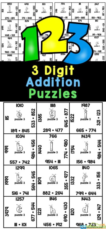 Make practicing math fun with this 3 digit addition game! Children will look forward to practicing three digit addition when they are doing a hands-on activity matching puzzle pieces. This addition of 3 digit numbers is perfect for 2nd grade, 3rd grade, and 4th grade students. Simply print the 3 digit addition with regrouping and you are ready to play and learn!