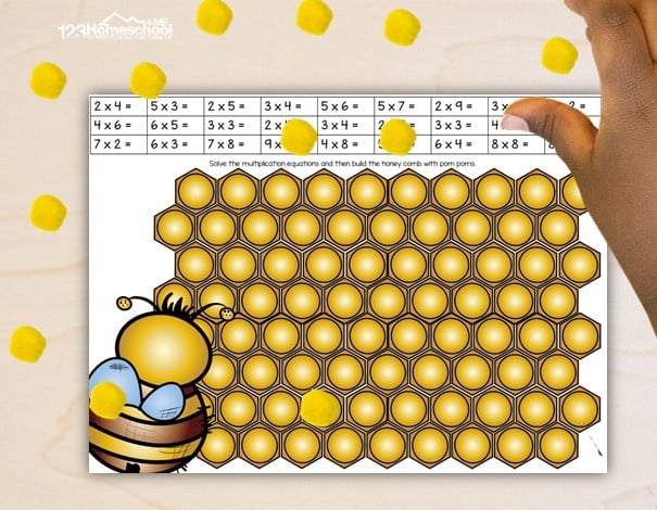 This bee multiplication games are a fun way to encourage students to practice multiplying! Use this fun multiplication game with grade 2, grade 3, grade 4, and up. Kids will  work out the answer for each equation in the table, then they will get a yellow pom pom and place it onto the honeycomb to build it. They will continue to solve equations and fill in the honey comb until they build the whole honeycomb. You can also write your own equations on the editable pages.