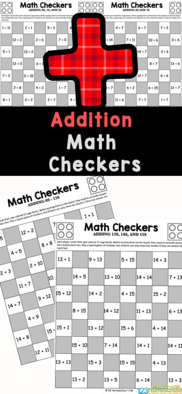 Kids will love working on addition with this fun and free Addition Checkers Game.  With this 1st grade math games, children in grade 1 and grade 2 will practice adding by 0s, 1s, 2s, 3s, 4s, 5s, 6s, 7s, 8s, 9s, 10s, 11s, 12s, 13s, 14s, and 15s through this free printable addition game.