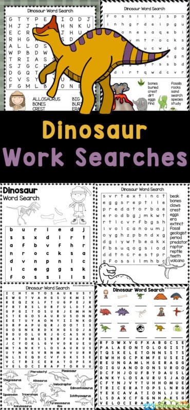 Grab these Dinosaur Word Searches to have some prehistoric fun with a kid favorite theme! Children will have fun learning about various dinosaurs with these dinosur word serach printable pages! Use a dino word search with kindergarten, first grade, 2nd grade, 3rd grdae, 4th grade, 5th grade, and 6th graders. Simply print the dinosaur word find that works best for your student.