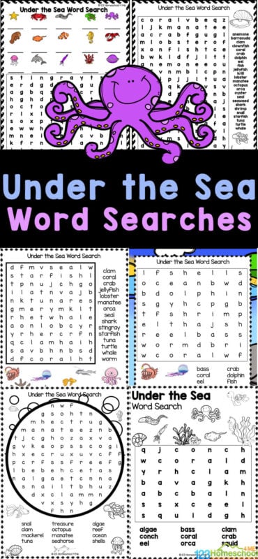 These Under the Sea Word Searches are perfect for helping your children in preschool, pre-k, kindergarten, and first grade through fifth grade learn all about all things to do with under the sea animals, plants more, while working on their reading and writing skills as well as their fine motor skills.