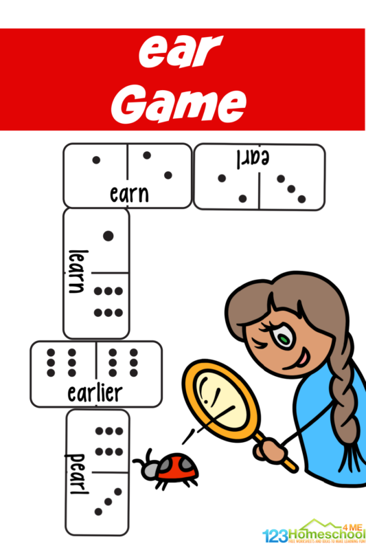 As your first grader continues to navigate phonics, to learn to read and spell, they will come accross the ear sound words. To help kids understand how /ear/ makes the "er" sound, they need practice with phonics ear words. This fun domino style ear words phonics game is a fun way for grade 1 students to practice! Simply print the  ear phonics activity, cut apart, and you are ready to play this FREE printable phonics game!