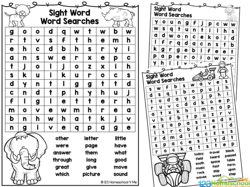 There are twenty different word searches in this printable pack, with each page including eighteen sight words for children to find. Each page also contains a different theme, with children able to decorate the images after finding all of the sight words.
