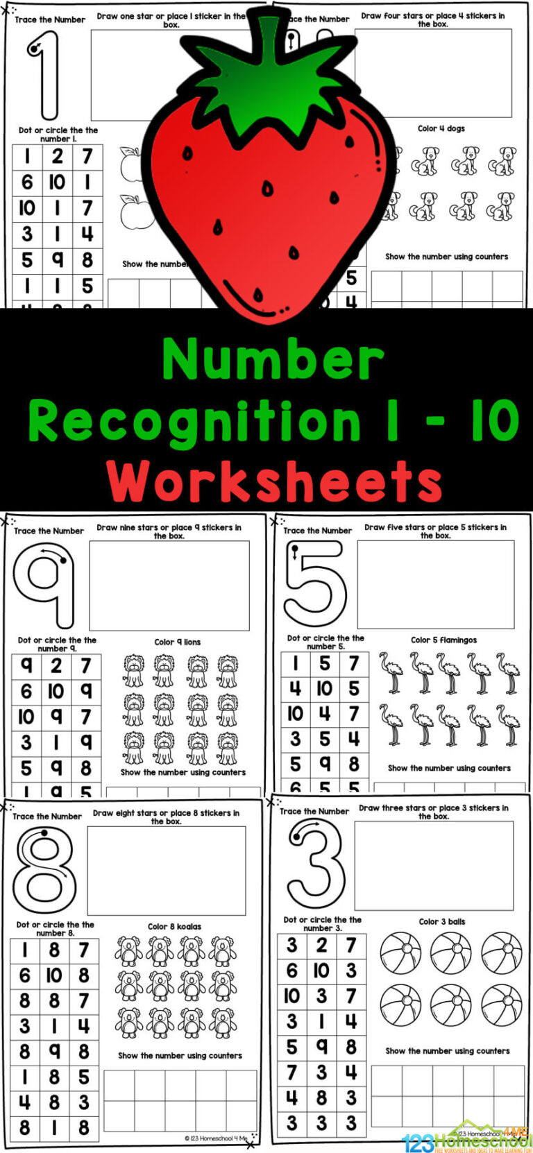 FREE Printable Number Recognition 1-10 Worksheets for Preschool
