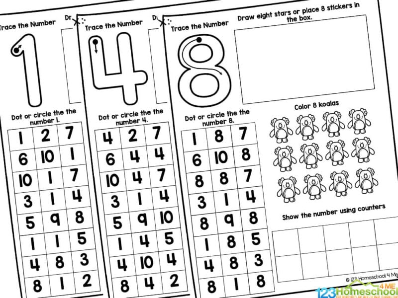 Finally, these free worksheets help kids work on strengthening fine motor skills and strengthening hand muscles they will need as they begin writing and recognize the numbers.
