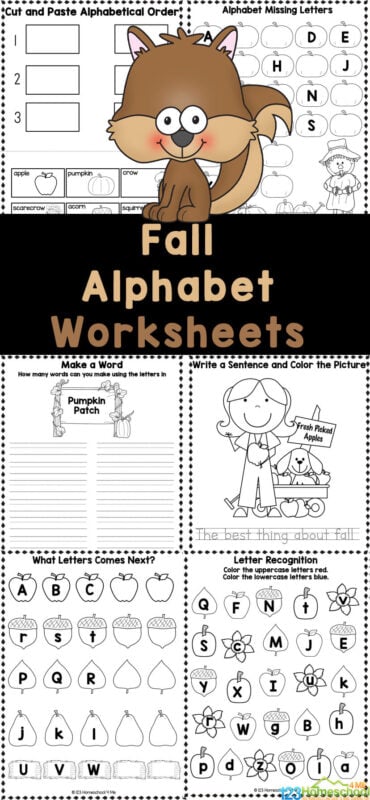 Young children in preschool, pre-k, and kindergarten will love working on some fundamental literacy skills, with these fun and Fall Worksheets. With these autumn worksheets, students will be concentrating on a variety of alpahbet letter skills such as tracing, letter recognition, matching upper and lowercase letters, finding pictures that start with the letter sound, what letter comes next, writing sentences, alphabetical order, and more! Simply print the free fall printables and you are ready to play and learn!