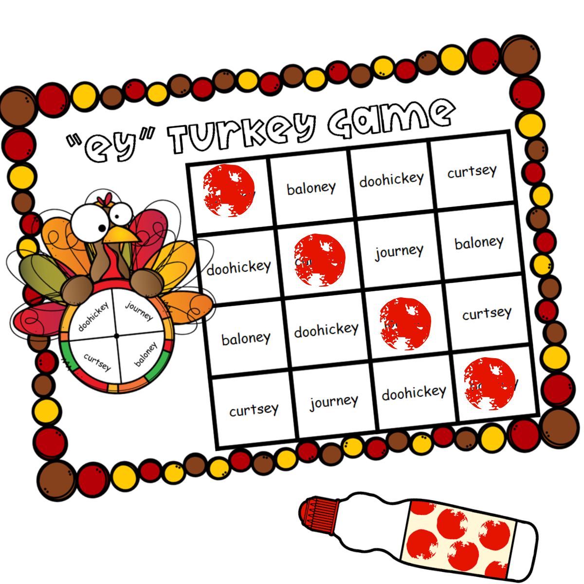 Phonics Long E Words Spelled ey Turkey Game (Free Printable!)