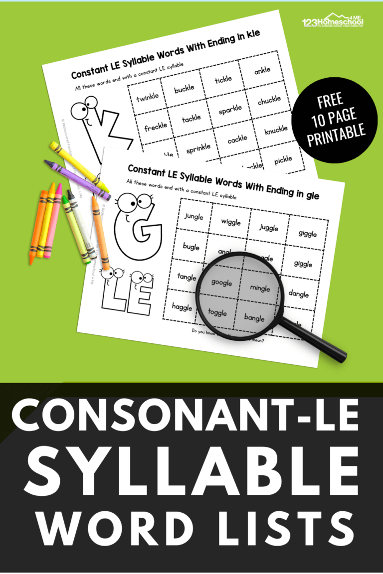 If you are working on consonant-le syllables with your first grade students, you will love these free printable consonant le word list to print, play, and learn! There are various fun consonant le activities and worksheets for learning about this type of syllalbes for 1st graders.