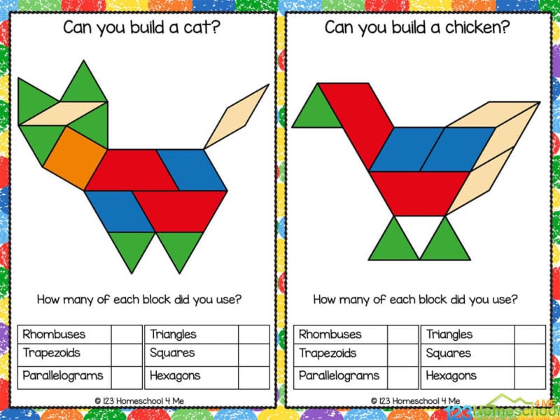 After recreating the picture with their pattern blocks, children can then fill in the blanks below the picture. Here they will write the number of each of the six shaped blocks that they used to create the picture - rhombuses, trapezoids, triangles, parallelograms, squares and hexagons.