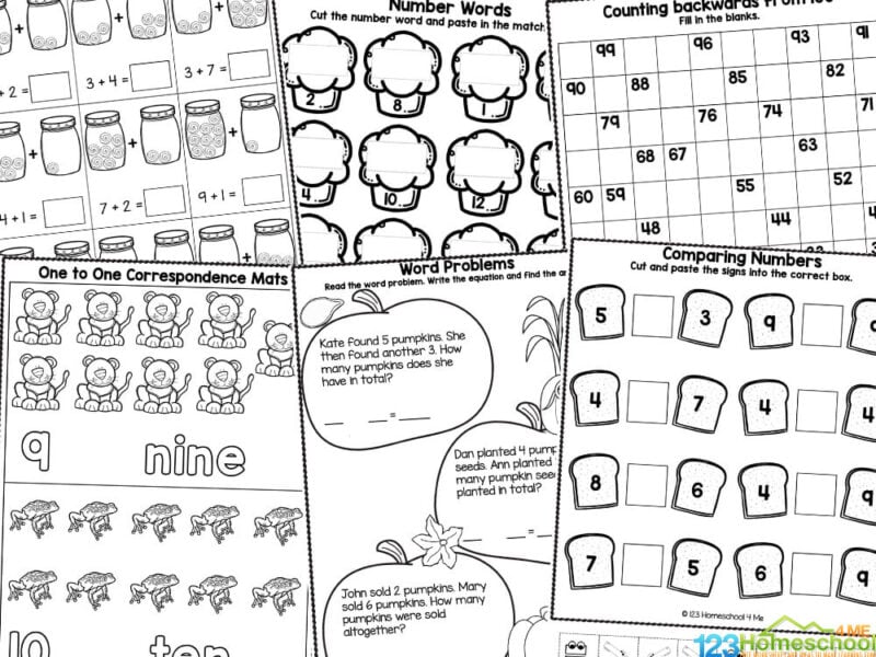 Whether you are a parent, teacher, or homeschooler – you will love these convenient kindergarten worksheets to make practicing kindergarten math fun and easy! Print our huge pack of free kindergarten math worksheets with a variety of math skills to learn, practice, and review. The free printable math worksheets for kindergarten come in black and white to save you on printing costs. Use them for extra practice, filler learning activities, math centers, or to review or work on specific skills. These are also great to get ready for kindergarten or keep skills fresh so students don't have the summer slump!