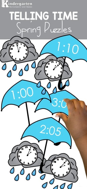 Looking for a fun clock practice for 2nd gradestudents? This spring rain showers clock matching game allows children to have fun with telling time practice. Simply print in color or black and white and then match the correct analog clocks with the digitial counterparts. This telling time 2nd grade helps work on telling time to 5 minutes.
