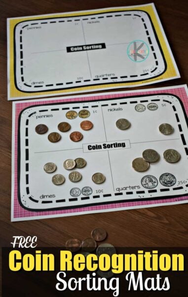 Kids will have fun practicing sorting coins with these free printable money mats. This math activity is a fun way for children to work on visual discrimination as they learn about various coins in American money from pennies, nickels, dimes, and quarters.  Learning to tell the different between American money and how much they are work is an important skill for pre k,  kindergarten, and first grade students.