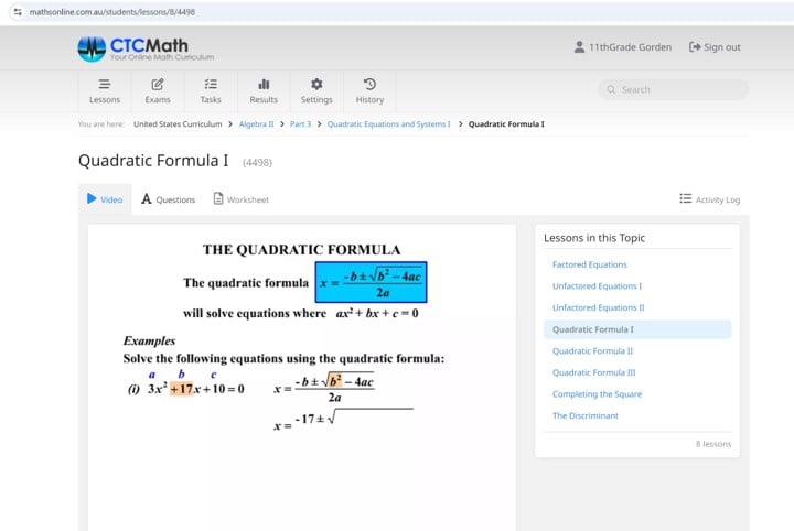 11th grade online math curriculum algebra 2 quadratic formula