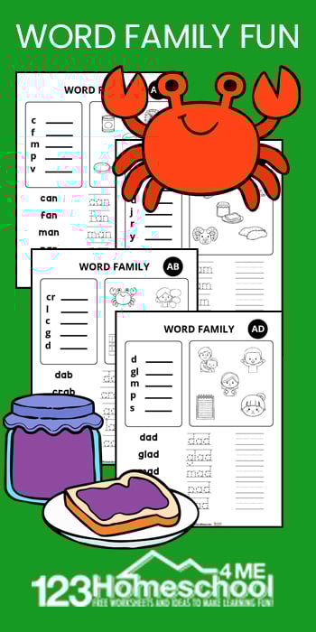 Are you looking for some free printable kindergarten word family worksheets? Come download and print our word family worksheets that help kindergarteners review -ab word family, -ad word family, -an word family, and -am word families. Each of the free printable word family worksheets includes a variety of activities to make learning fun!