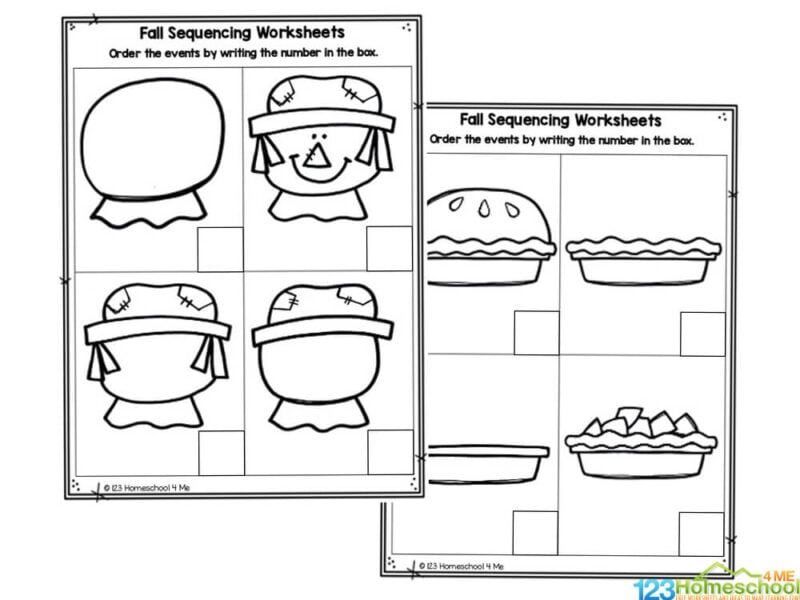 There are sixteen pages of pattern activities altogether. The activities in this pack include:

Cut and paste the pictures in the correct order - first, second, third and fourth
Write a sentence about each of the events in order
Order the events by writing the number in the box
Cut and paste the pictures in the correct order - step 1, step 2, step 3, and step 4
All these four activities for different fall themes 