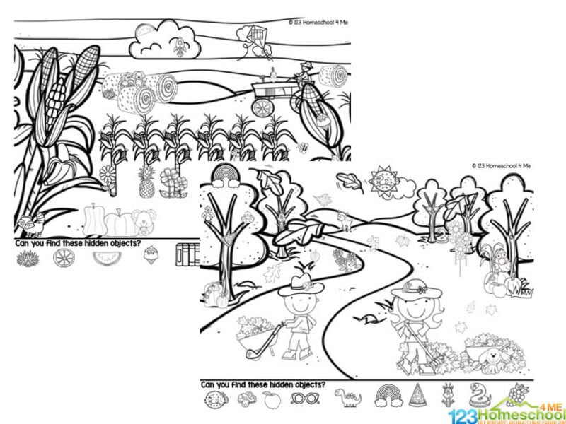 The pages in this pack include: Corn field Country road with falling leaves Apple Orchard Scarecrow in a field Sunflowers with a field behind them