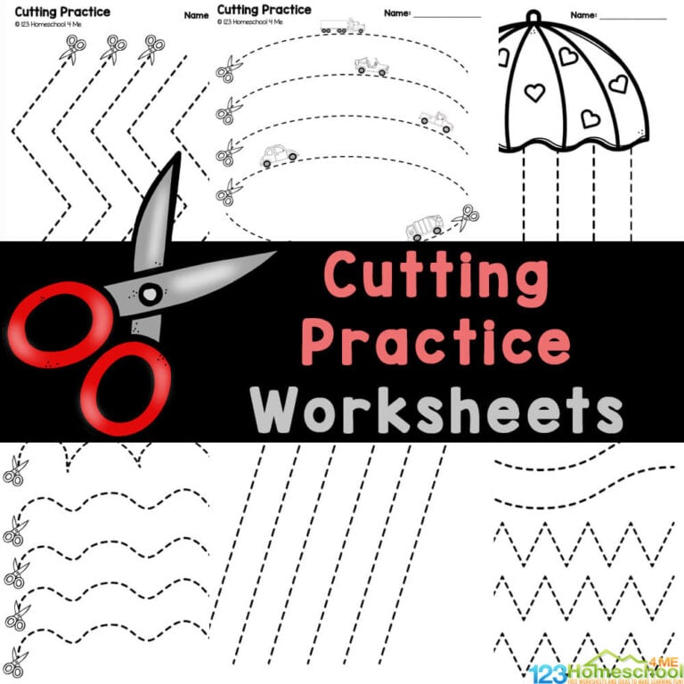 Help your preschool students master their scissor skills with our printable cutting practice sheets— these cut worksheets are FREE!!