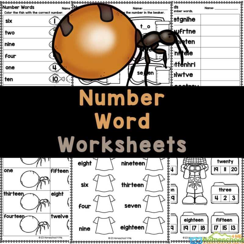 Print these free number name worksheets to teach kindergarten students how to write the numbers 1 to 20 in words!