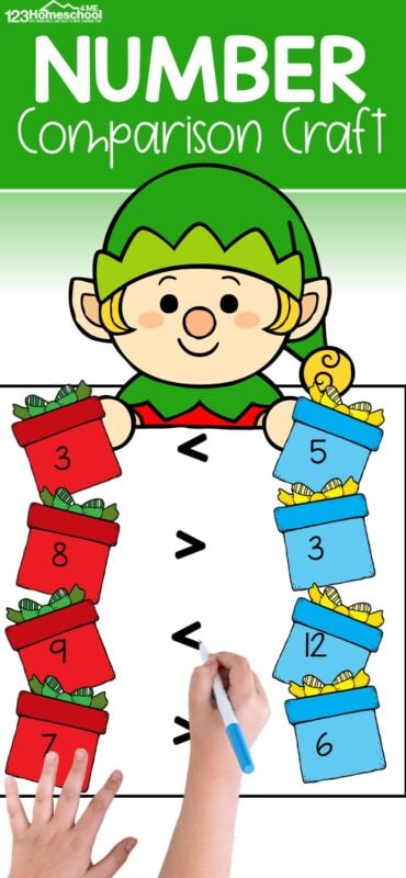 Are you looking for a fun, engaging Christmas math for December? Let's work on comparing numbers with a cute Elf Number Comparison Game. This comparing numbers activity is perfect for kindergarten and first grade students. Simply print the greater than less than activity and you are ready to play and learn!