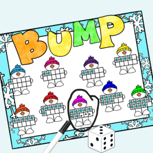 Practice couning to 10 with this free printable winter-themed ten frame game for kindergarten that makes learning math enjoyable!