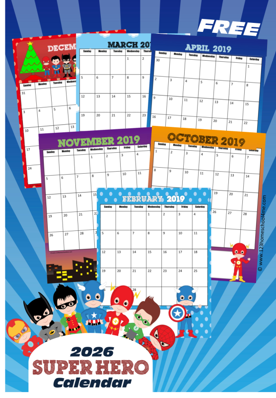 Kids will love keeping track of upcoming holidays while learning about the days, months, and weeks of the year with this super cute, free printable Superhero Calendar. This superhero calendar 2023 pdf file template includes your child’s favorite superhero such as Batman, Robin, Captain America, Ironman, Flash, Green Lantern, Spiderman, and more! Simply print the kids calendar pages and assemble your free calendar for toddler, preschool, pre k, kindergarten, first grade, 2nd grade and more! Kids will love keeping track of upcoming holidays while learning about the days, months, and weeks of the year with this super cute, free printable Superhero Calendar. This superhero calendar 2026 pdf file template includes your child’s favorite superhero such as Batman, Robin, Captain America, Ironman, Flash, Green Lantern, Spiderman, and more! Simply print the kids calendar pages and assemble your free calendar for toddler, preschool, pre-k, kindergarten, first grade, 2nd grade and elementary age students!