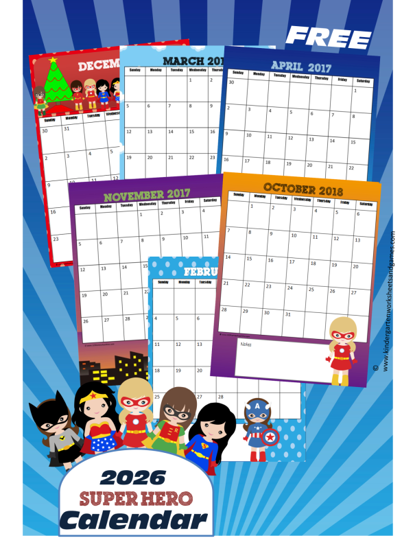 Calling all little superheroes-in-training! Check out this absolutely ADORABLE printable calendar featuring girl super heros. This Superhero Girls calendar 2026 allows kids of allages ages to keep track of holidays, birthdays, classes, homework, and even your next awesome vacation!  Studnets will learn all about the 12 months of the year, 7 days of the week, and SO much more! So download and print free calendar here!